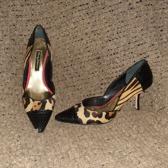 BEVERLY FELDMAN-Hair Calf Leopard/Tiger-Black Snakeskin Toe/Heel-Sz 10-Near Mint - Picture 1 of 8